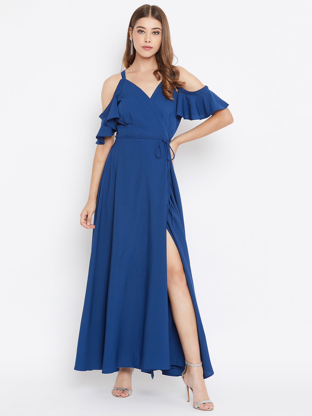 Solid Blue Cold Shoulder Wrap Maxi Dress